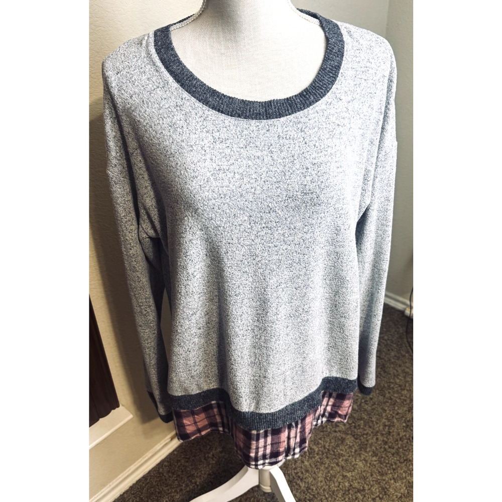 Jones New York Gray‎ Shirt Top Knit Layered plaid trim travel comfort sz XL